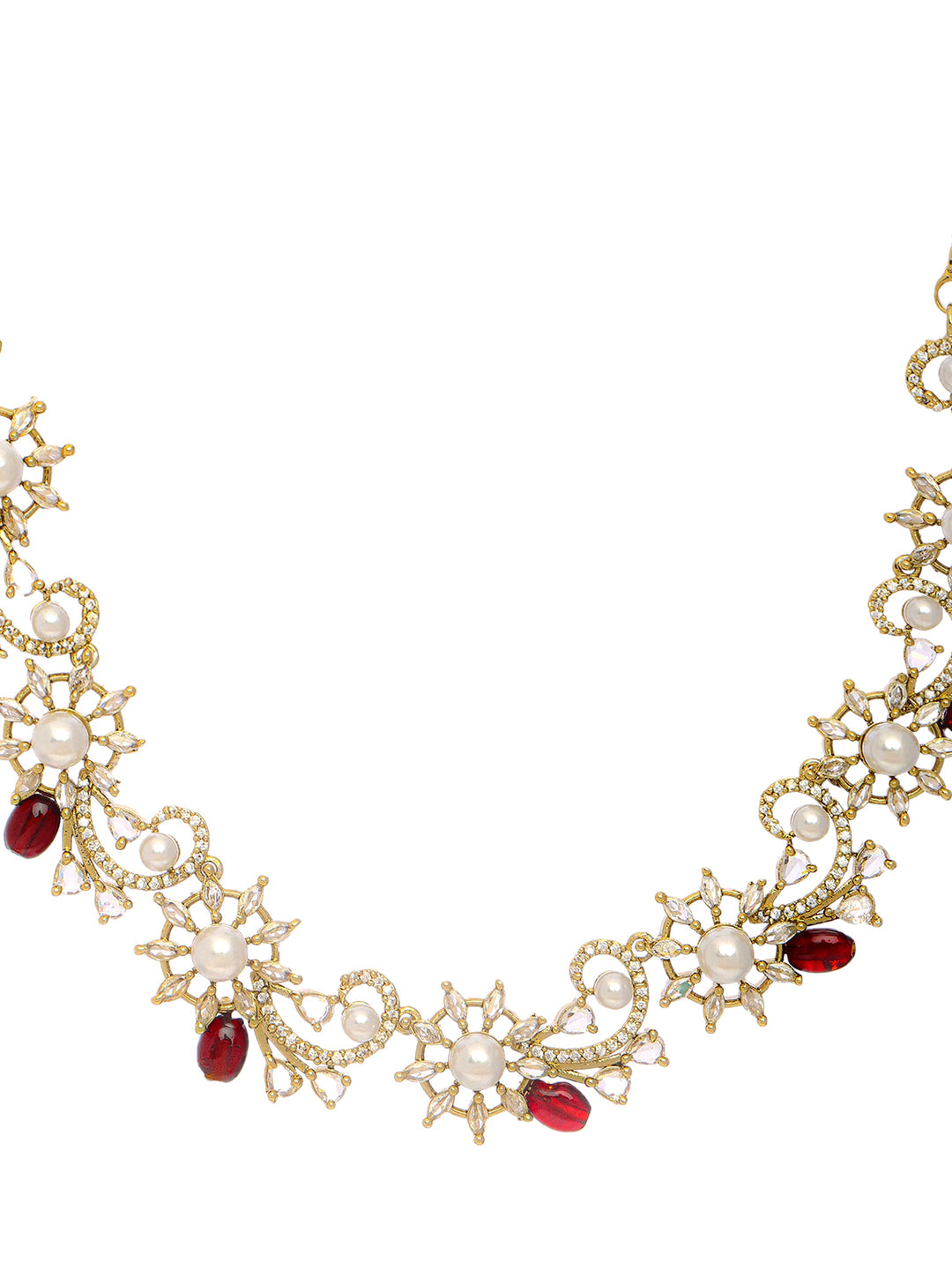  Libas Silver Plated Floral AD Red Stone Necklace Set 
