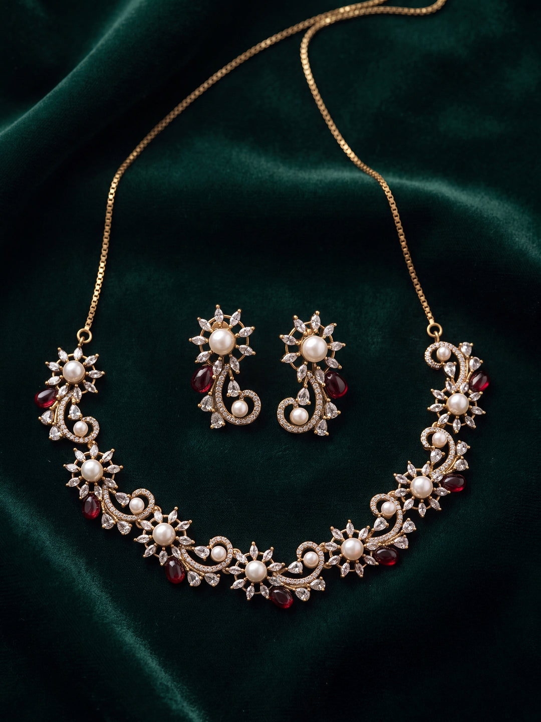  Libas Silver Plated Floral AD Red Stone Necklace Set 