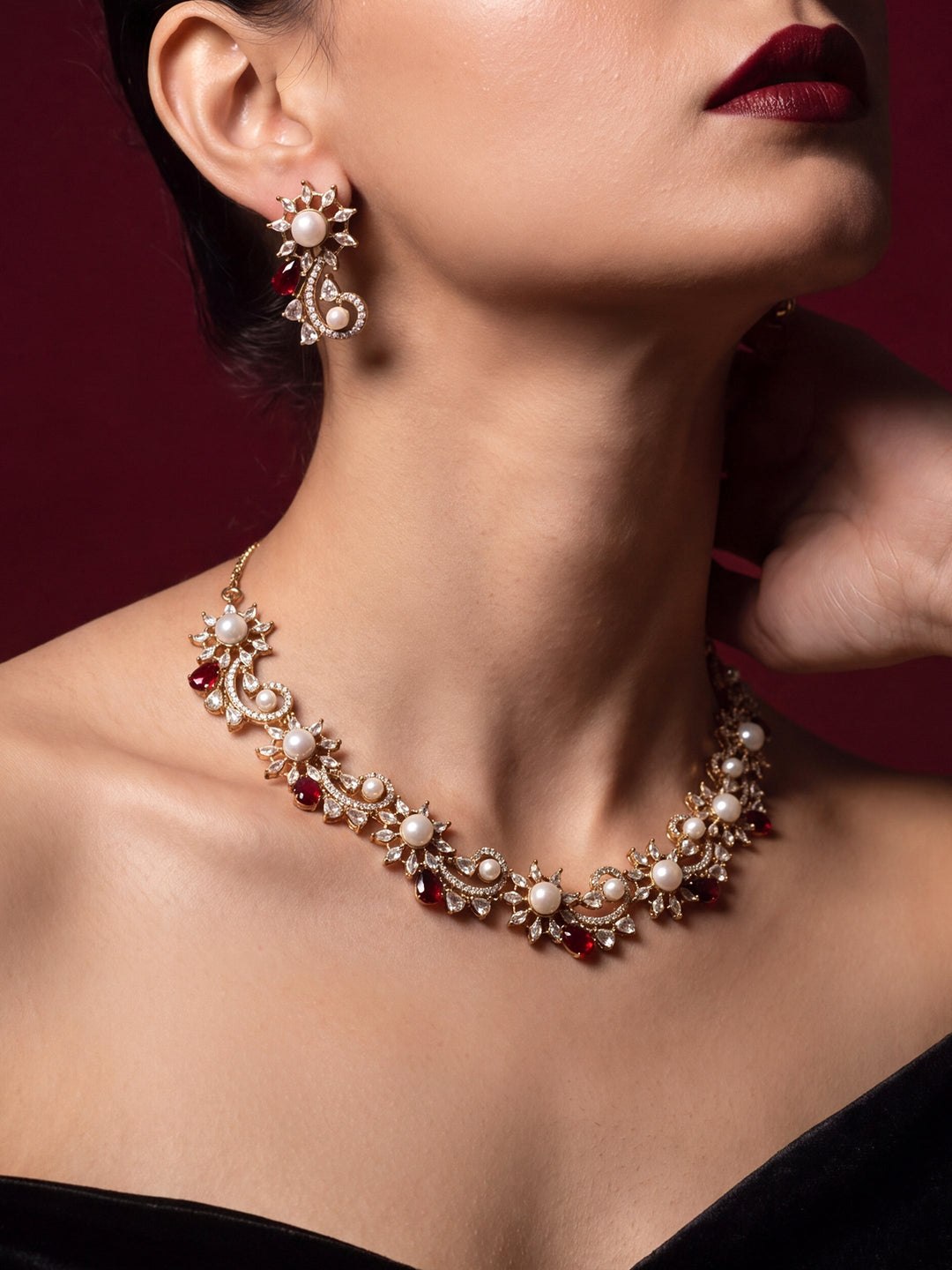  Libas Silver Plated Floral AD Red Stone Necklace Set 