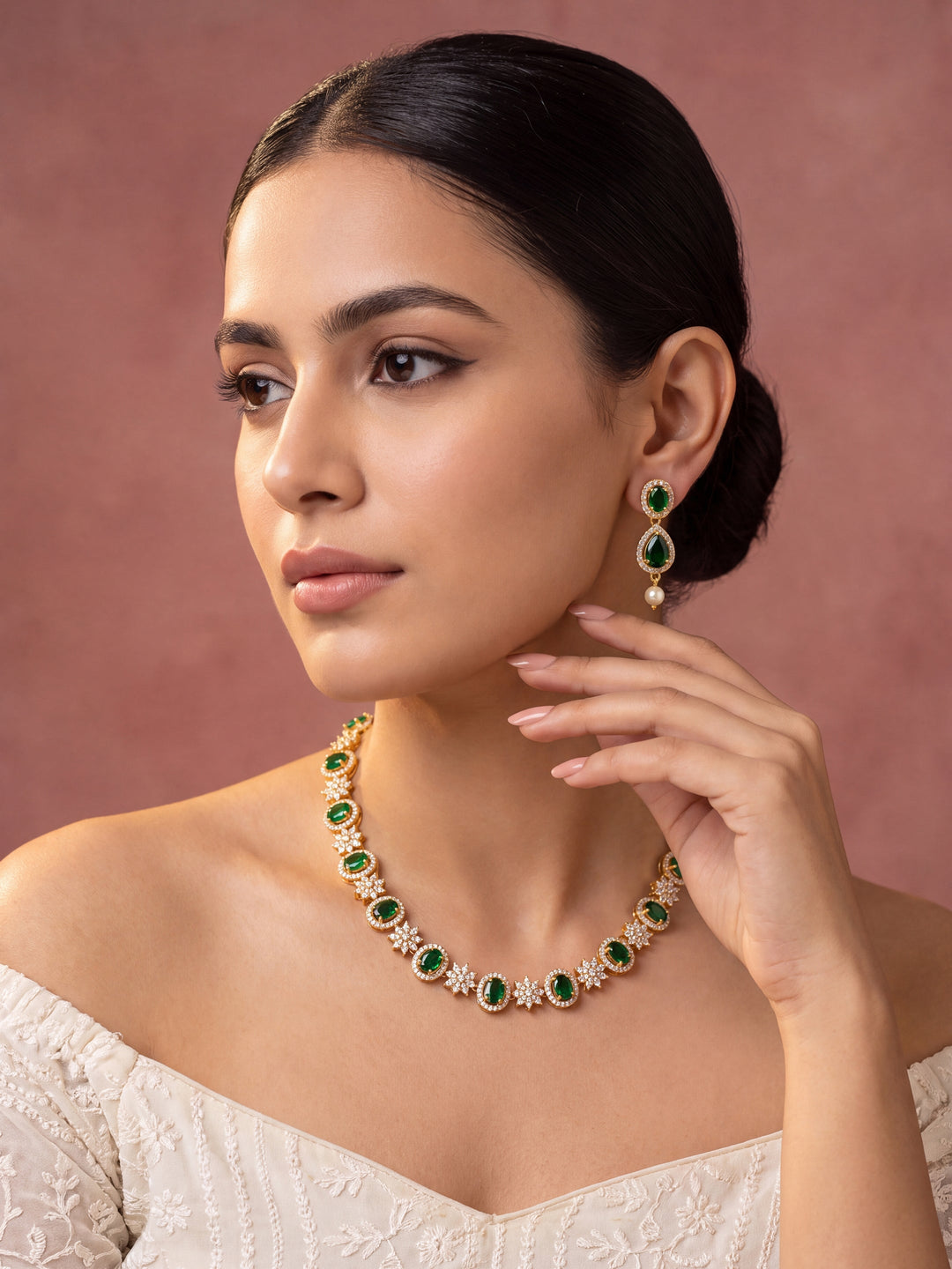  Libas Floral Design AD Emerald Stone Necklace Set 