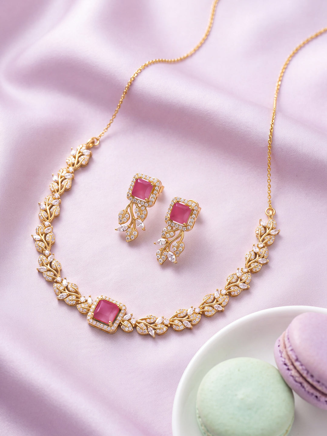  Libas Gold-Tone Leaf Pattern Zircon Necklace Set 