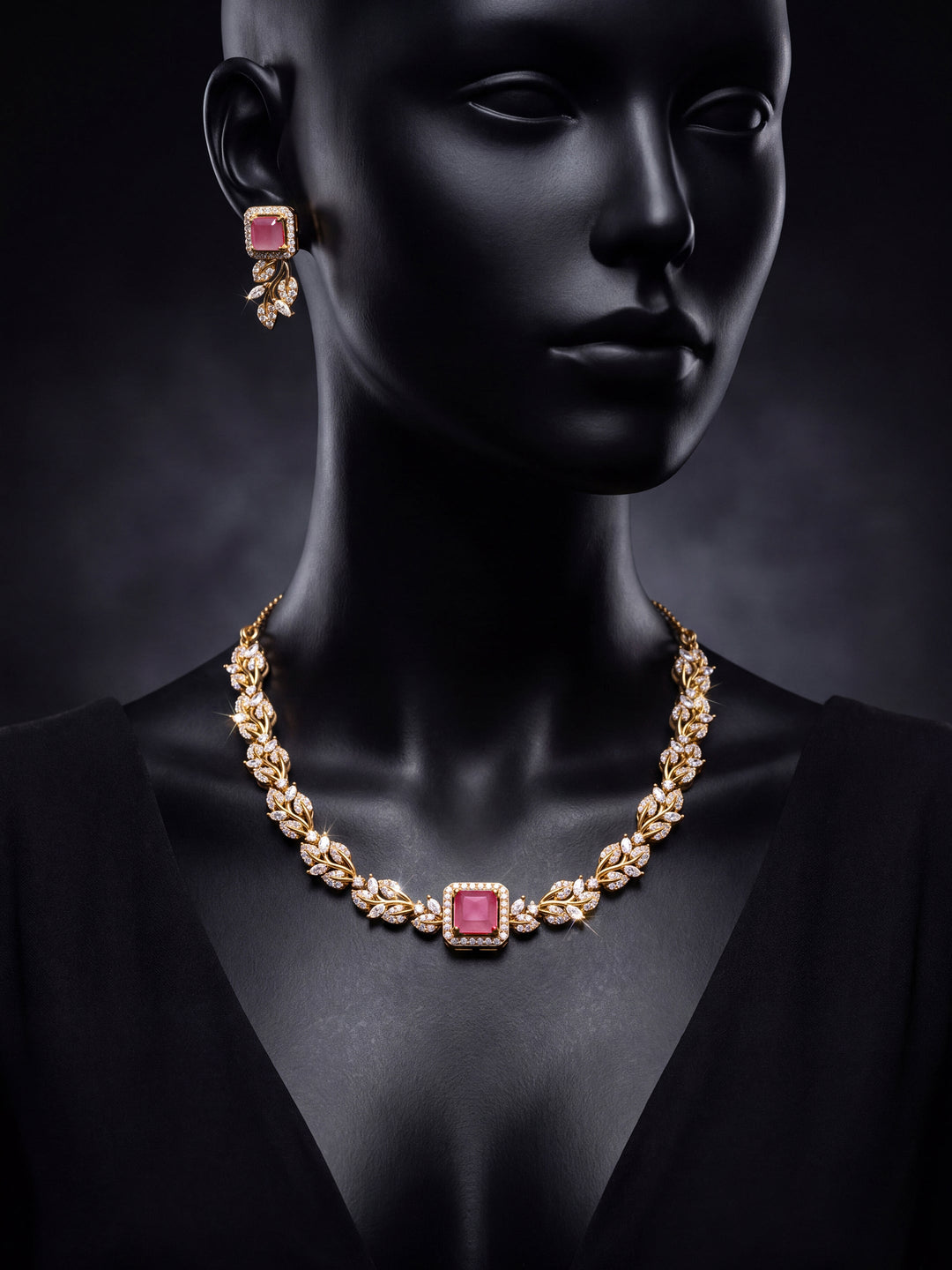  Libas Gold-Tone Leaf Pattern Zircon Necklace Set 