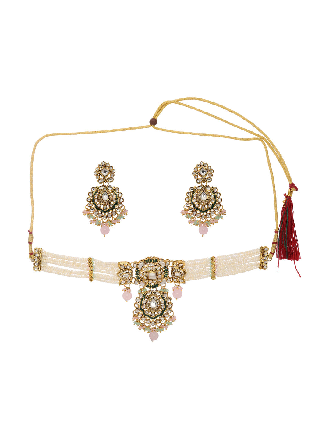  Libas Floral Kundan Pearl Choker Necklace Set 