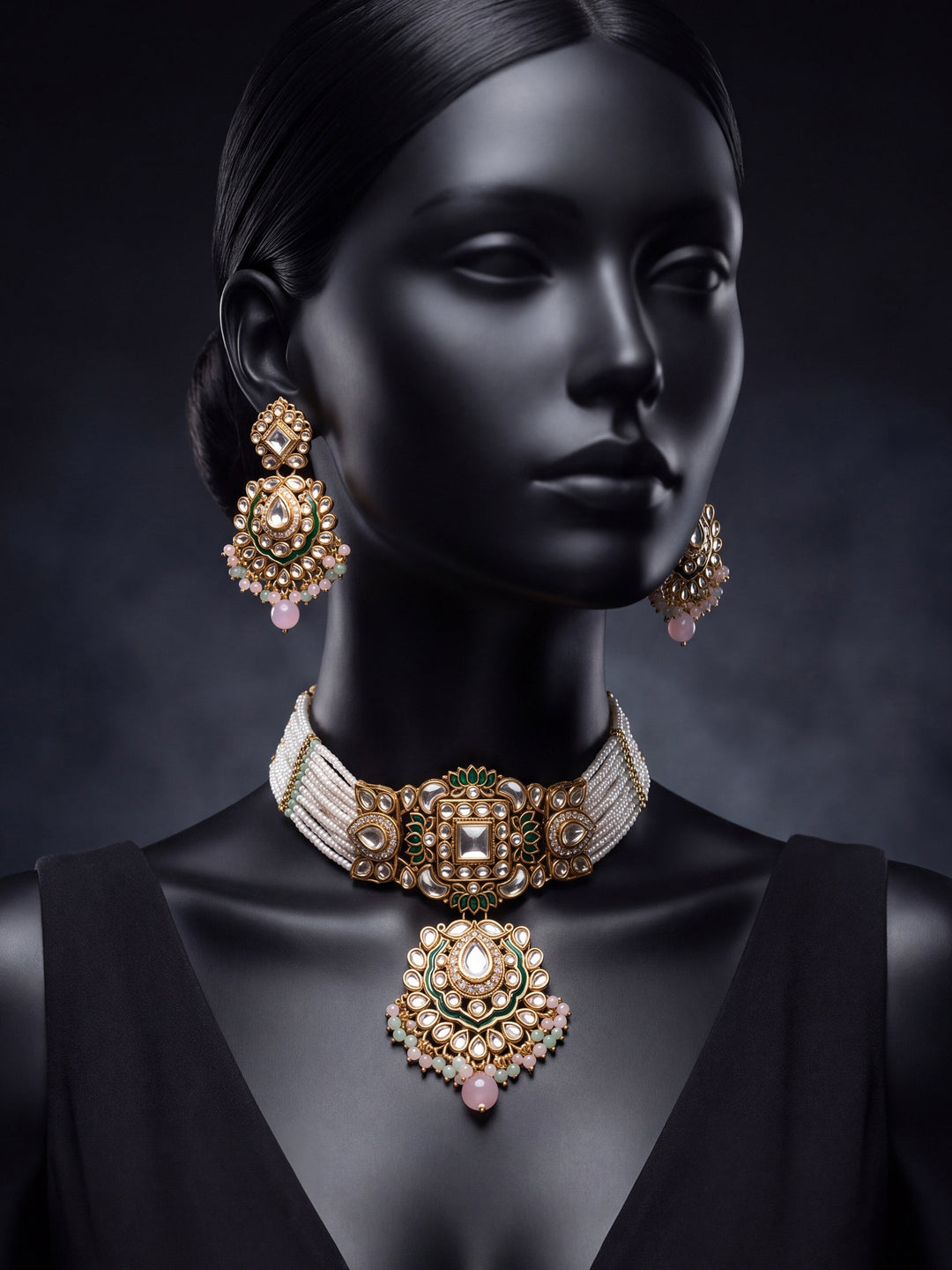  Libas Floral Kundan Pearl Choker Necklace Set 