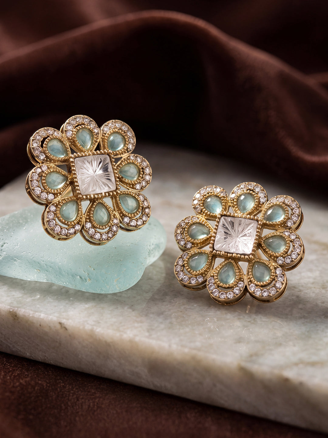 Libas Gold-Toned and Blue Stone Brass Floral Stud Earrings 