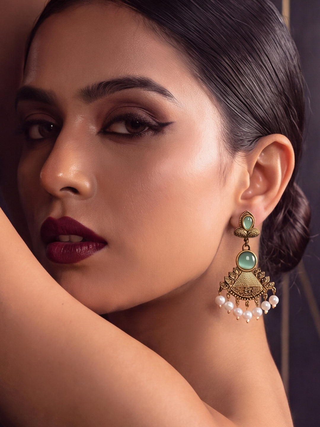  Libas Green Stone Pearl Drops Brass Dangling Earrings 