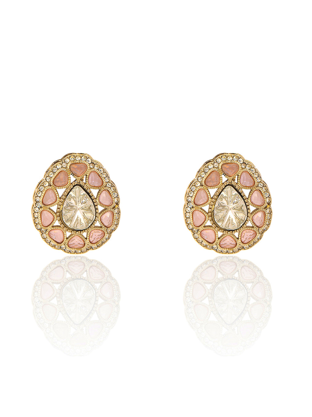  Libas Gold-Toned and Pink Stone Brass Stud Earrings 
