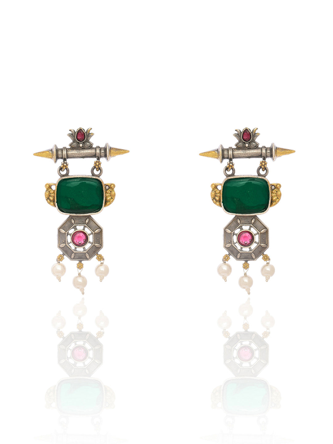  Libas Emerald Stone Vintage Brass Earrings with Pearl Drops 
