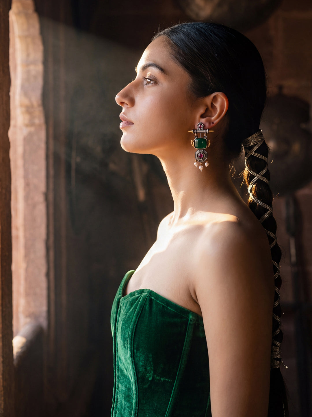  Libas Emerald Stone Vintage Brass Earrings with Pearl Drops 