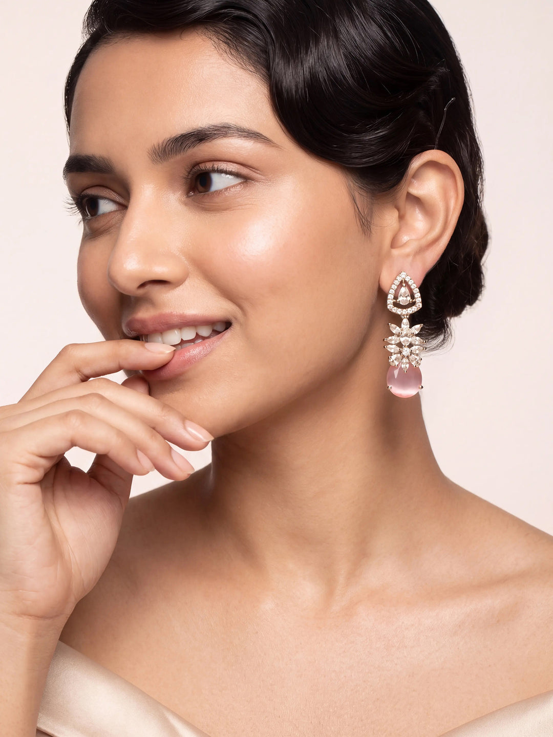  Libas Pink Tone Earrings with Red Stone Detailing 