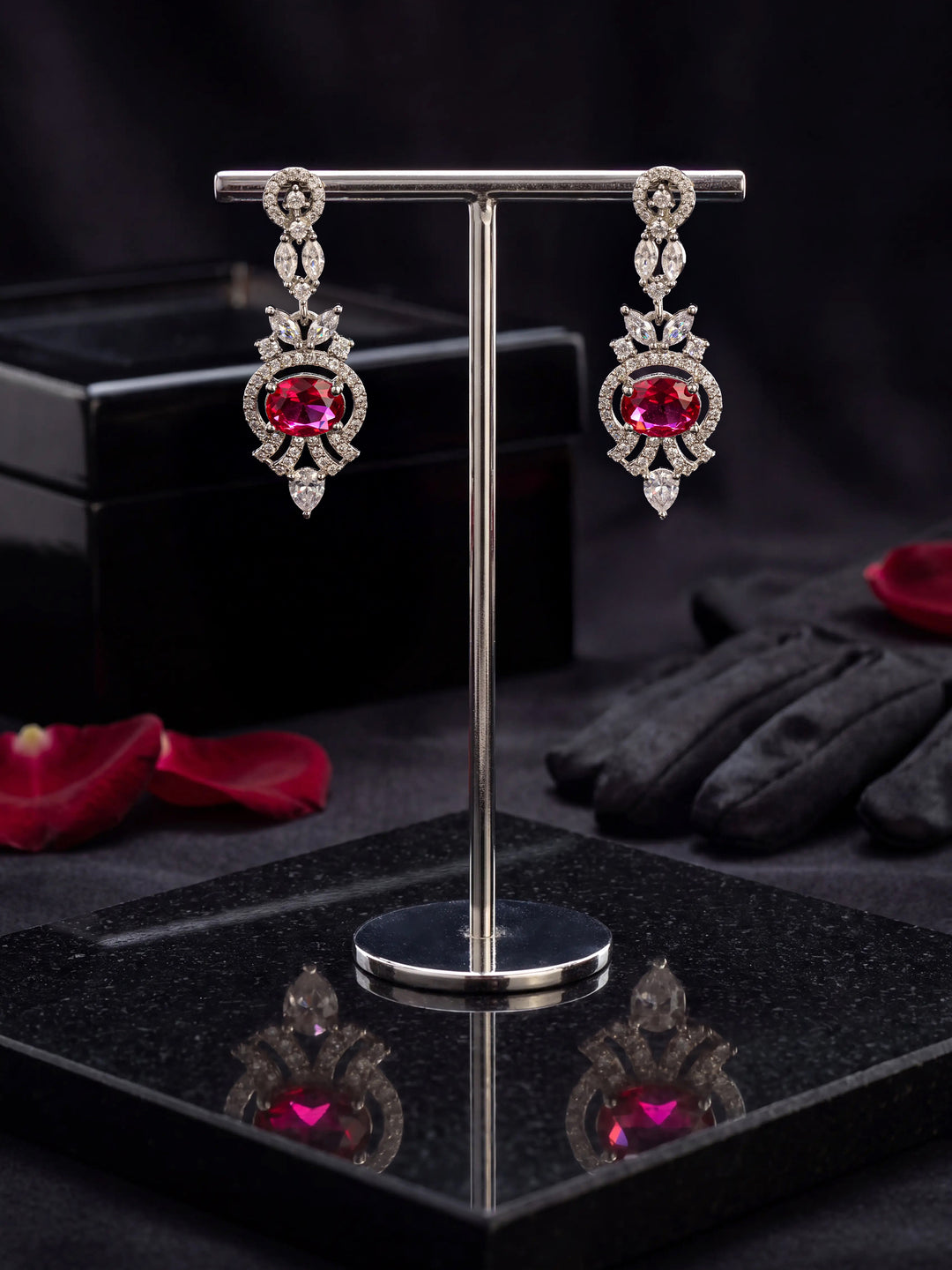  Libas Pink Tone Earrings with Ruby and Diamond Drop Design 