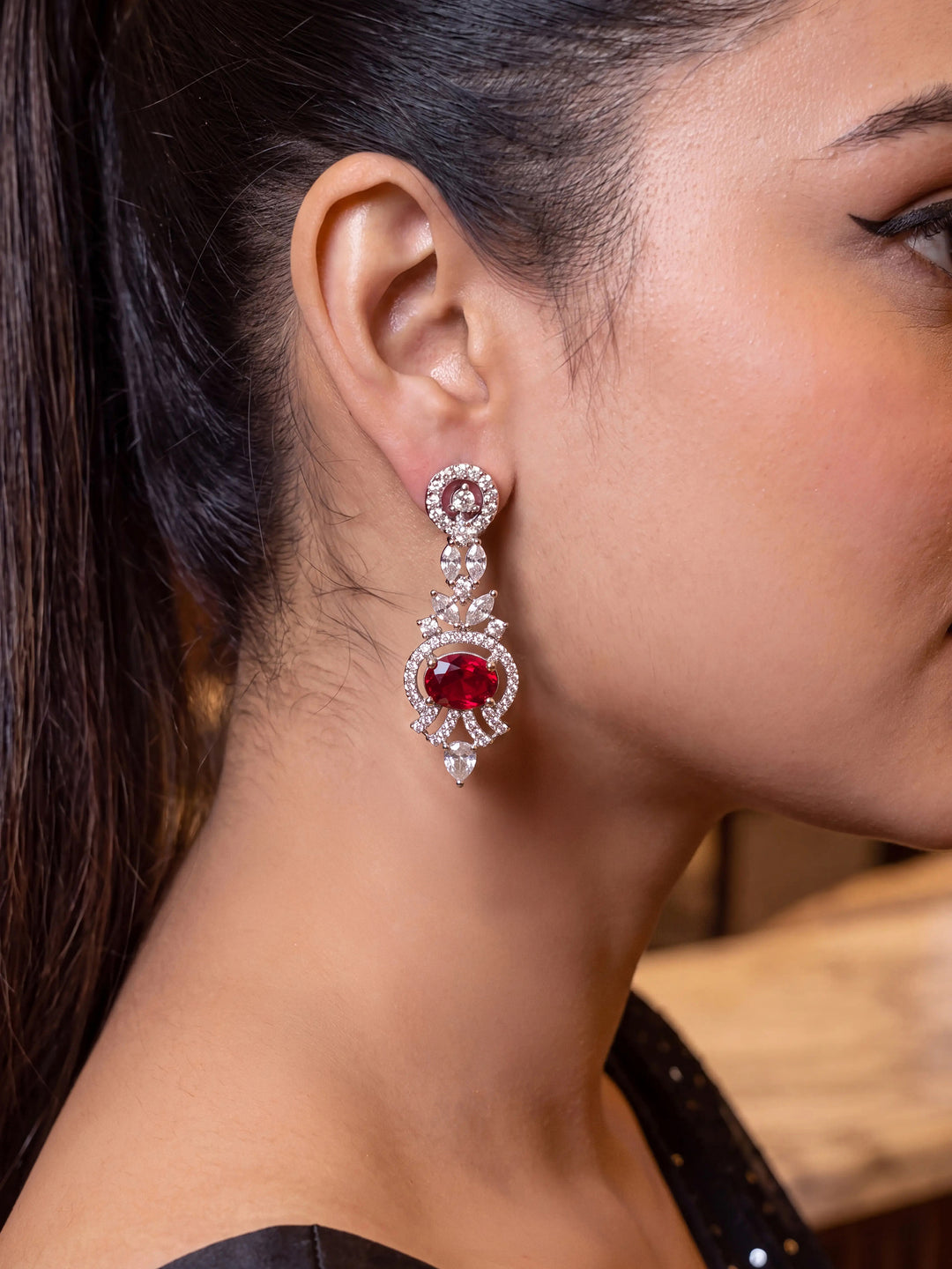  Libas Pink Tone Earrings with Ruby and Diamond Drop Design 