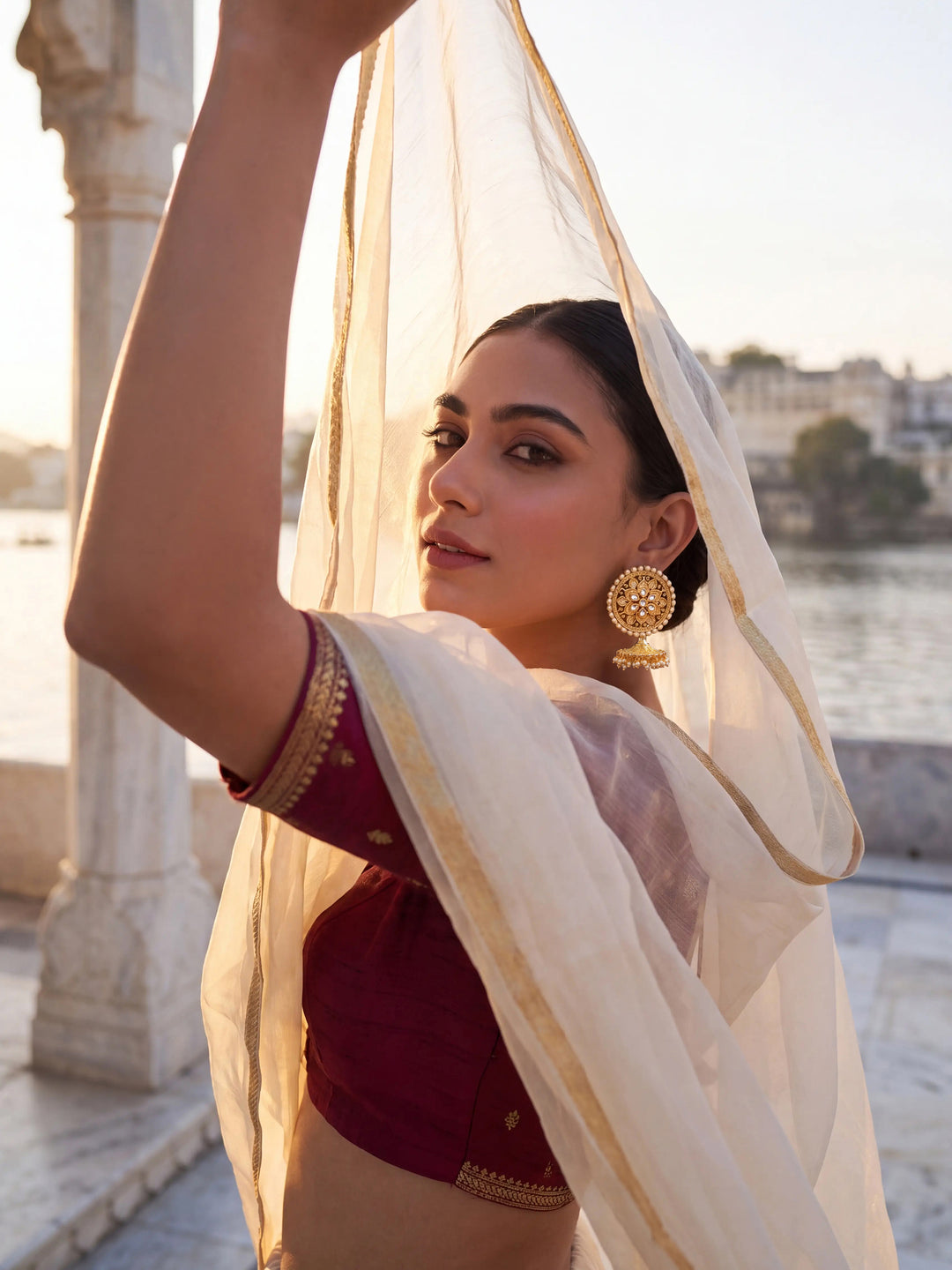  Libas Gold Tone Kundan Chandbali Earrings with Pearl drop 