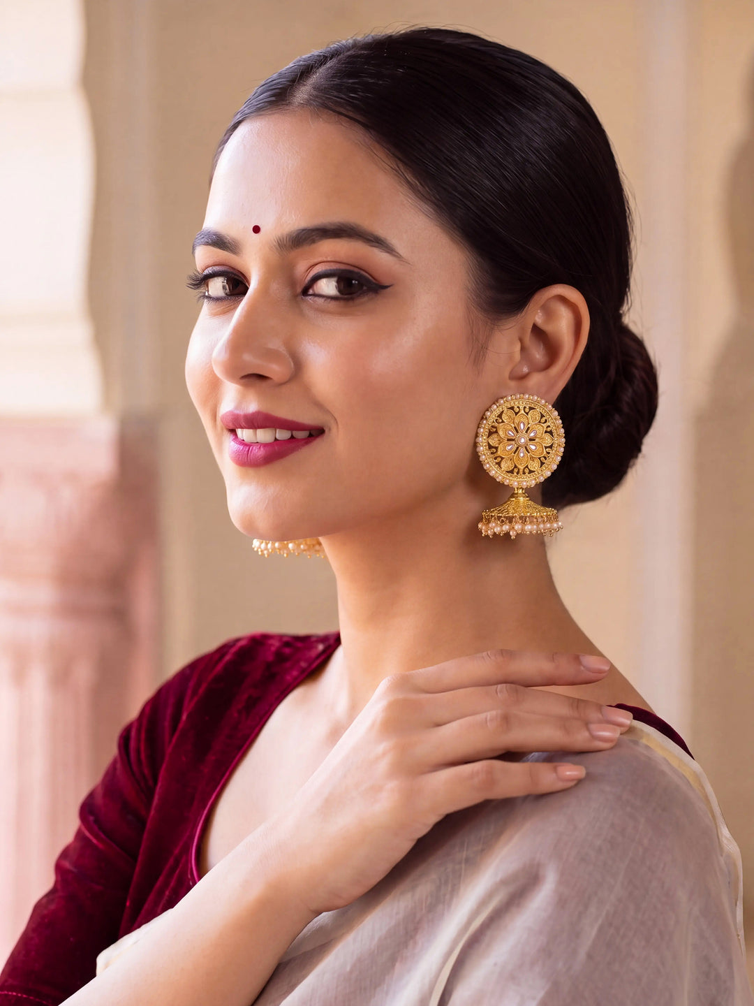  Libas Gold Tone Kundan Chandbali Earrings with Pearl drop 