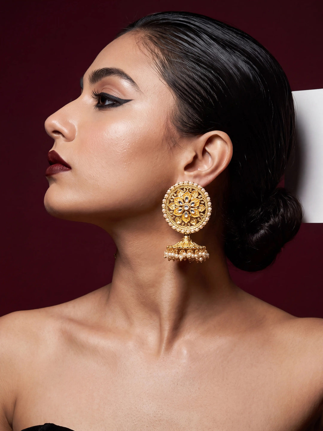  Libas Gold Tone Kundan Chandbali Earrings with Pearl drop 