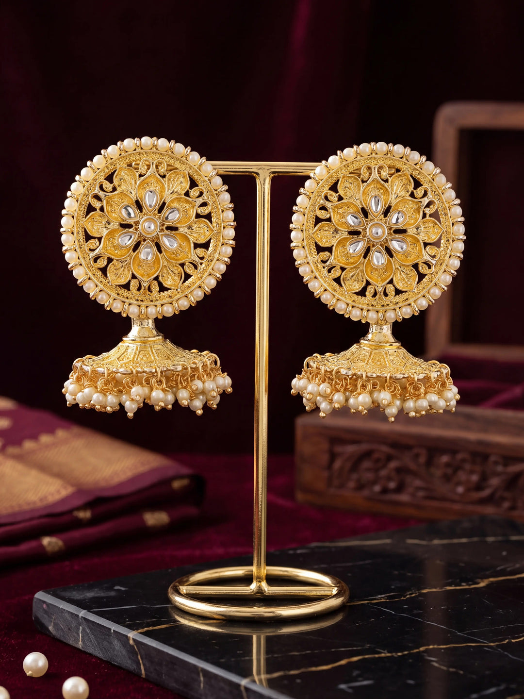  Libas Gold Tone Kundan Chandbali Earrings with Pearl drop 