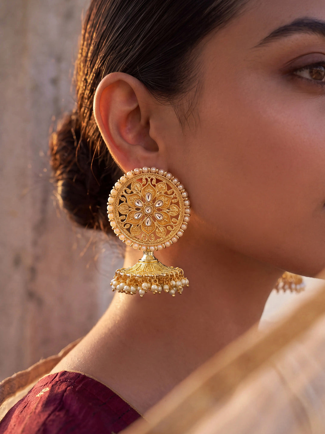  Libas Gold Tone Kundan Chandbali Earrings with Pearl drop 