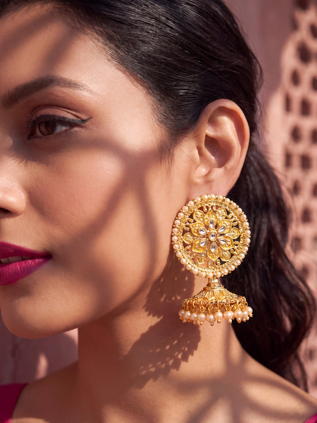  Libas Gold Tone Kundan Chandbali Earrings with Pearl drop 