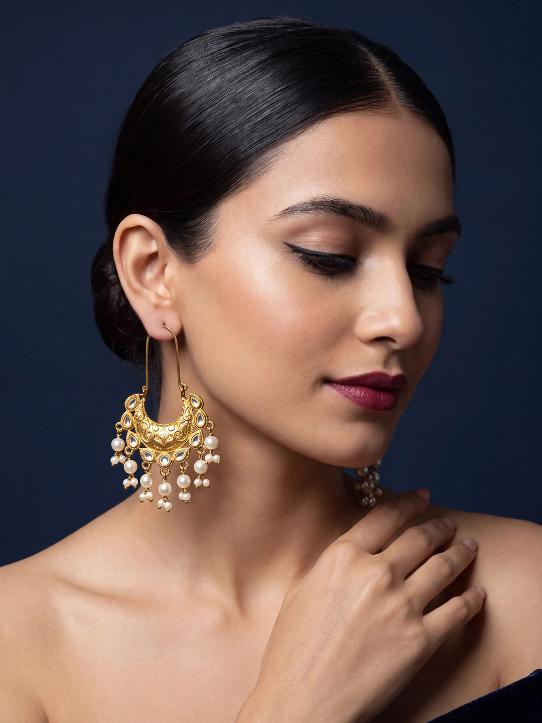  Libas Gold Tone Earrings with Pearl Drops 