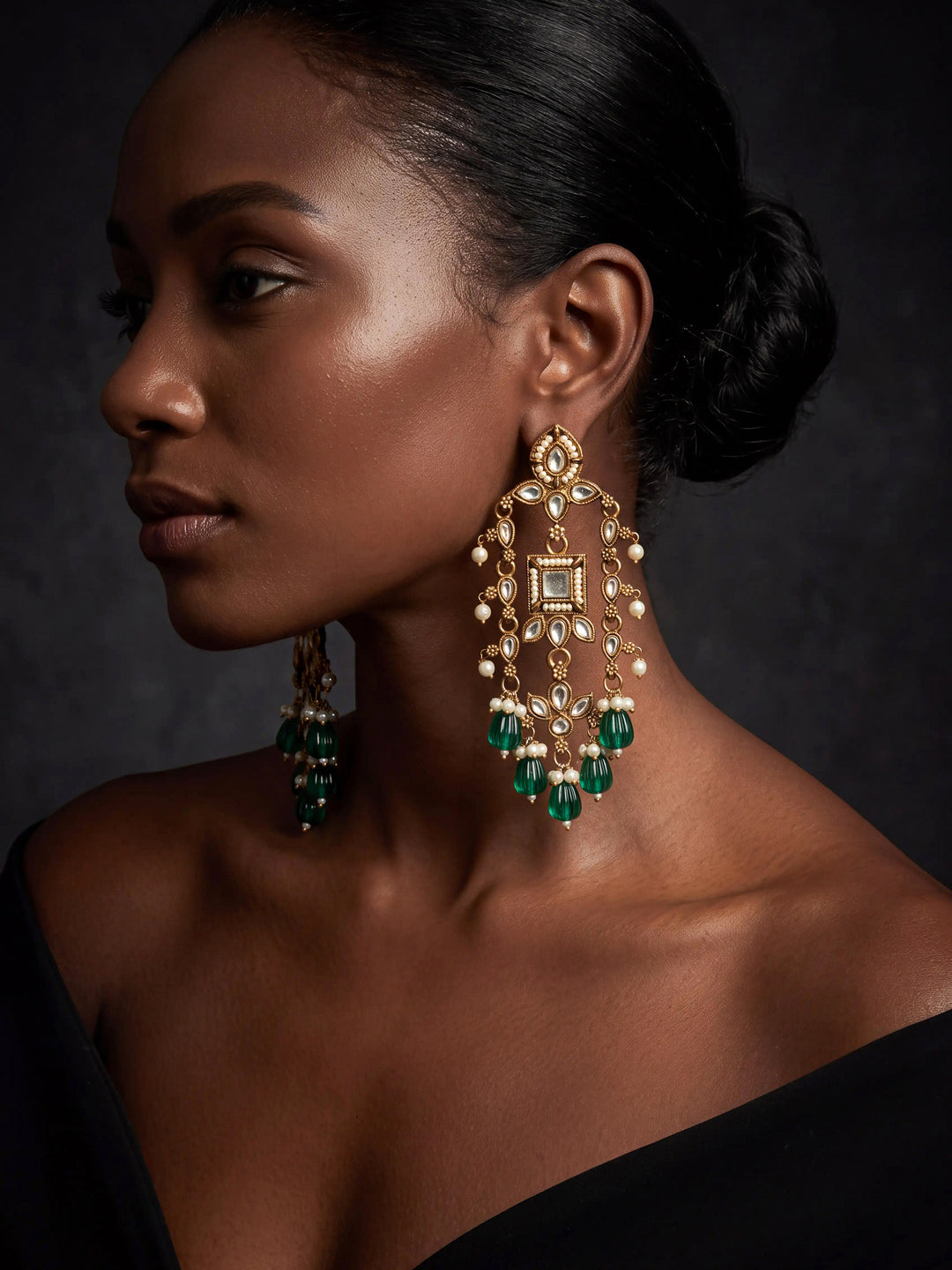  Libas Silver Tone Earrings with Green Pearl Drop 
