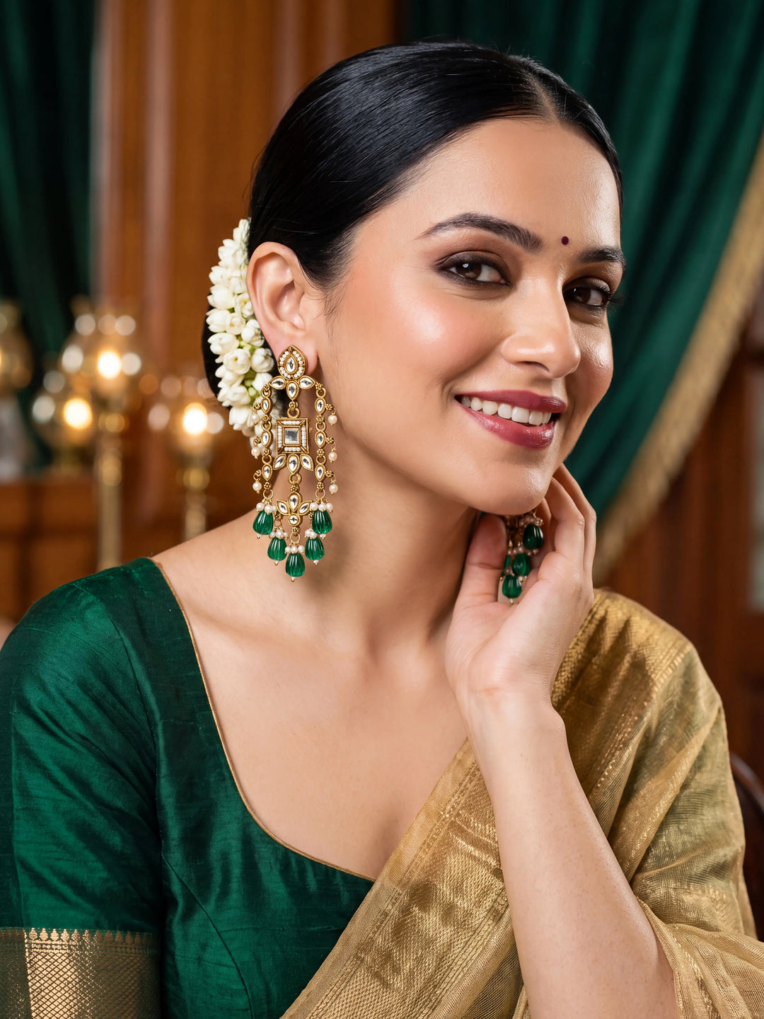  Libas Silver Tone Earrings with Green Pearl Drop 