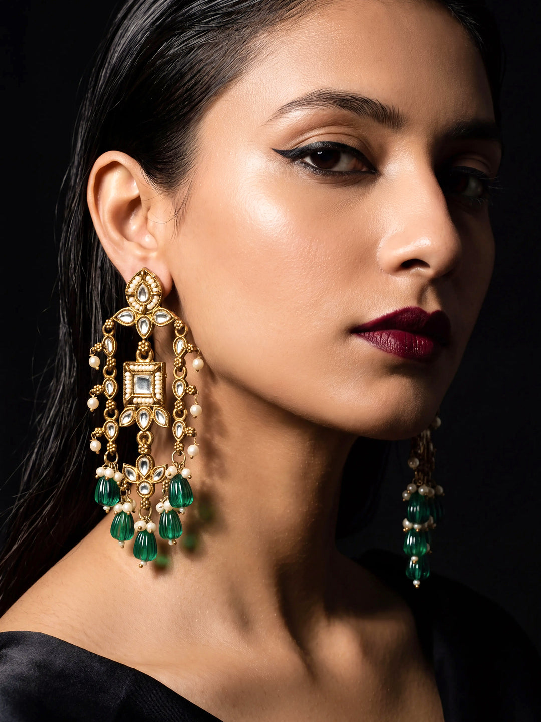  Libas Silver Tone Earrings with Green Pearl Drop 