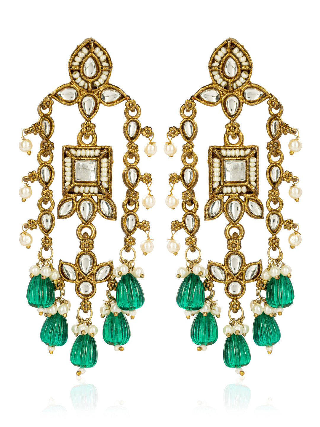  Libas Silver Tone Earrings with Green Pearl Drop 