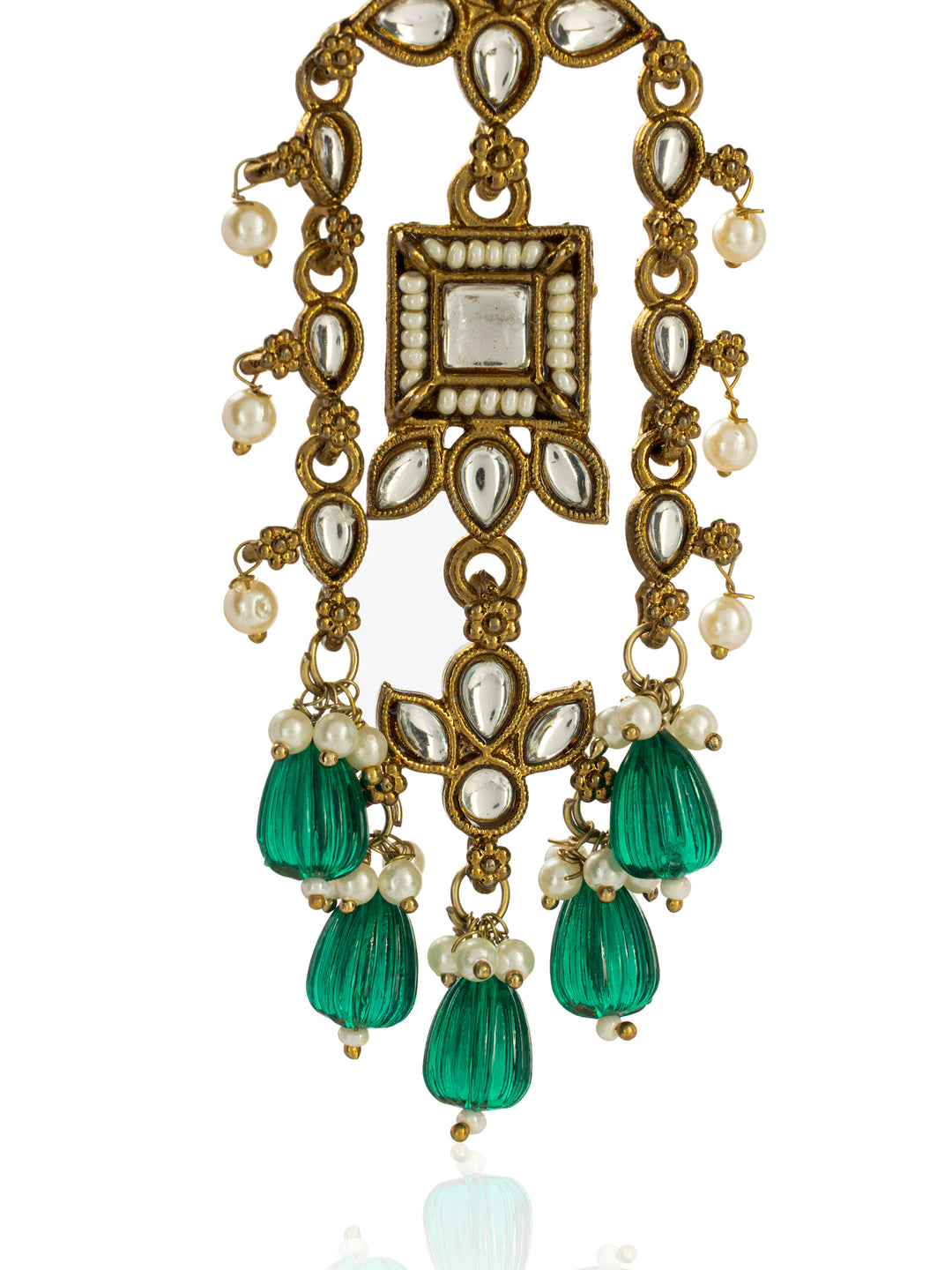  Libas Silver Tone Earrings with Green Pearl Drop 