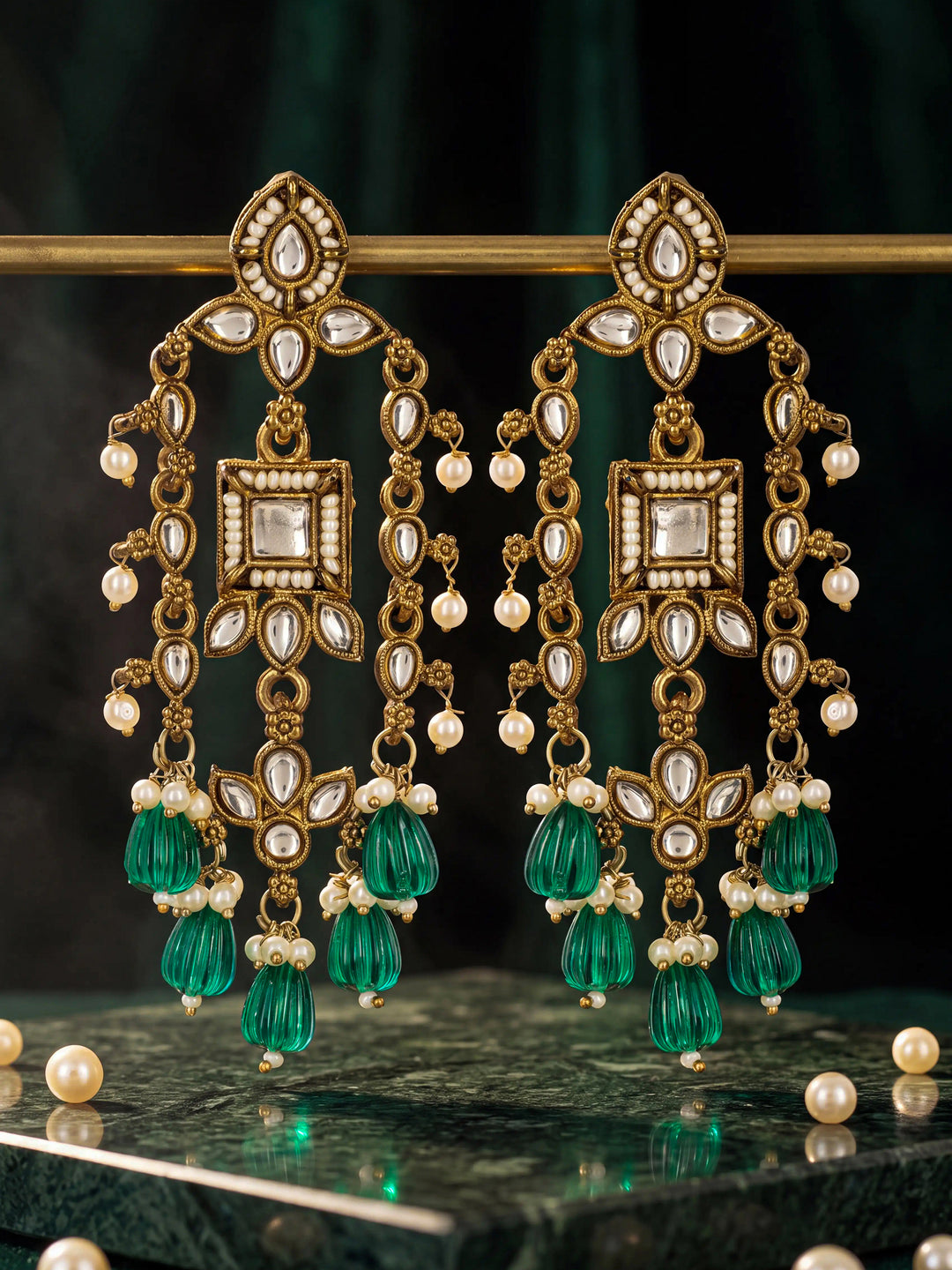  Libas Silver Tone Earrings with Green Pearl Drop 