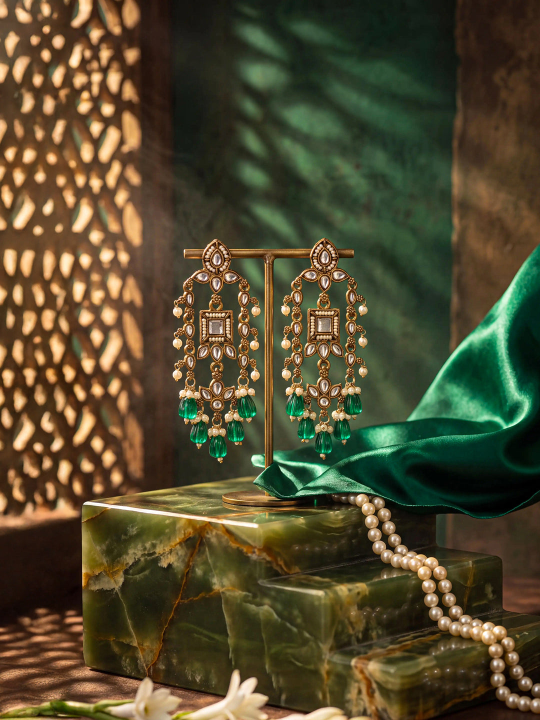  Libas Silver Tone Earrings with Green Pearl Drop 