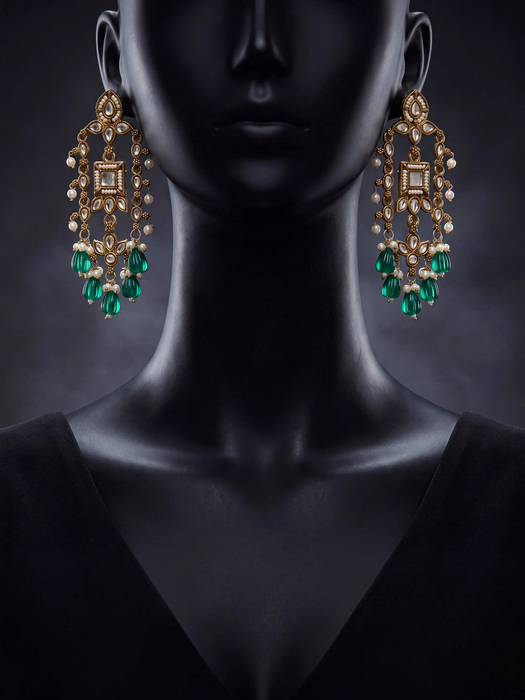  Libas Silver Tone Earrings with Green Pearl Drop 