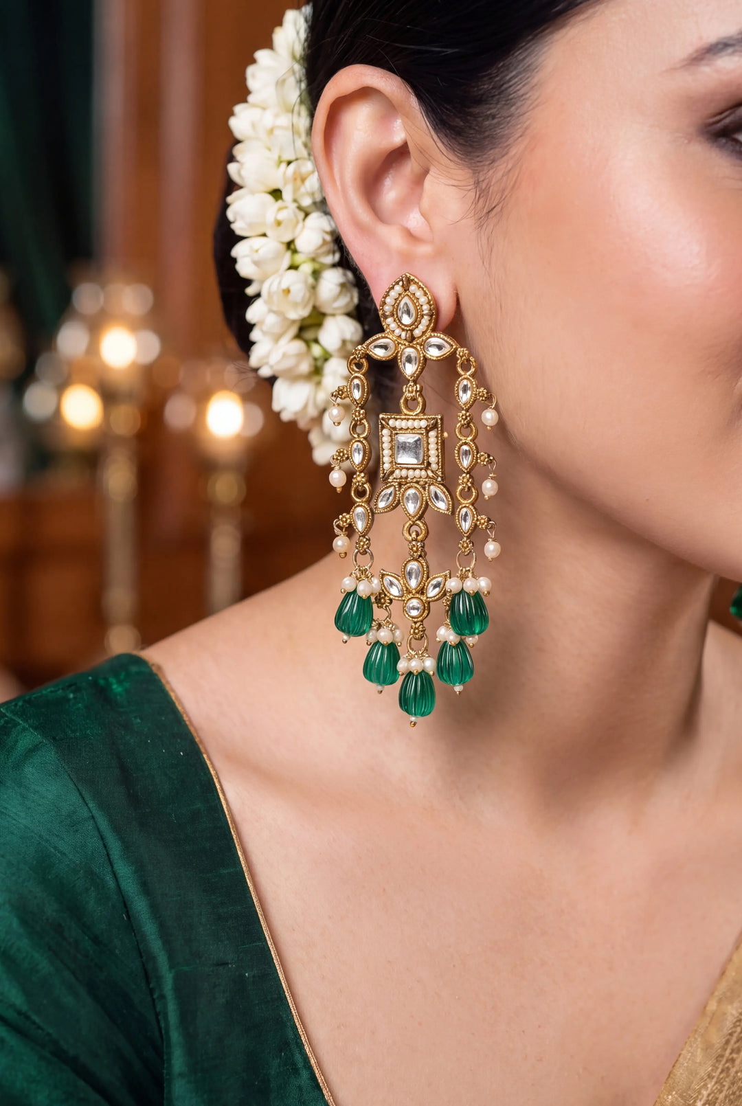  Libas Silver Tone Earrings with Green Pearl Drop 