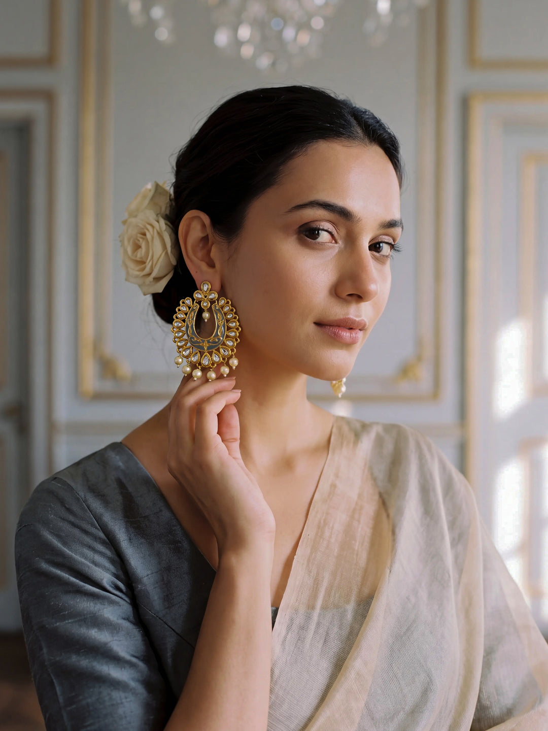  Libas Green Tone Earrings with Pearl Drop 
