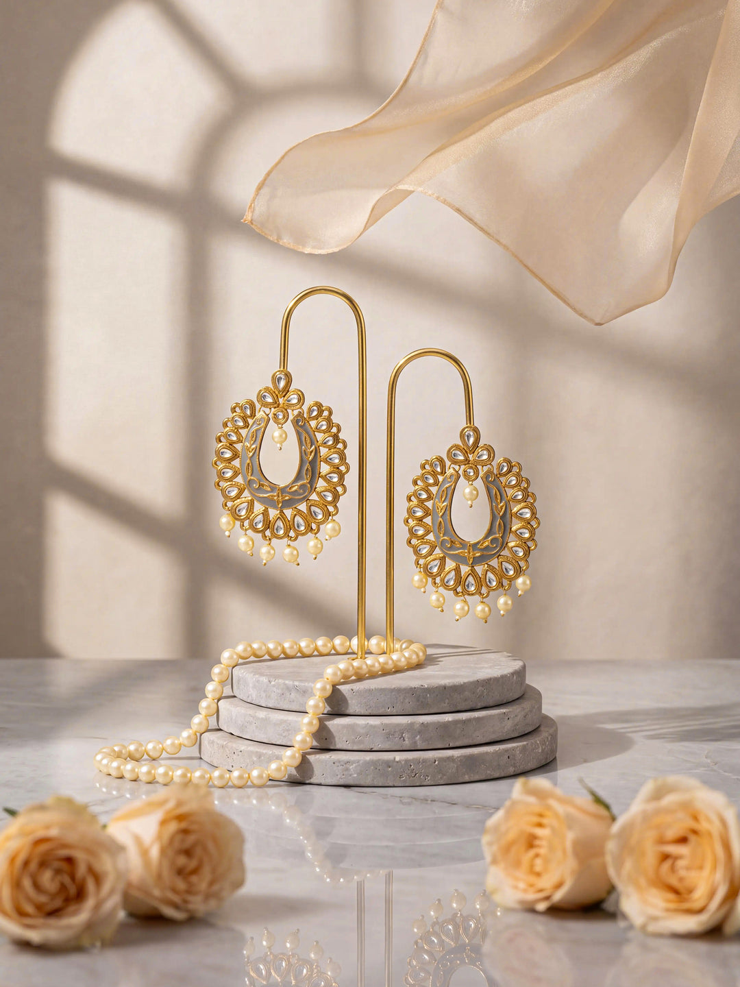  Libas Green Tone Earrings with Pearl Drop 
