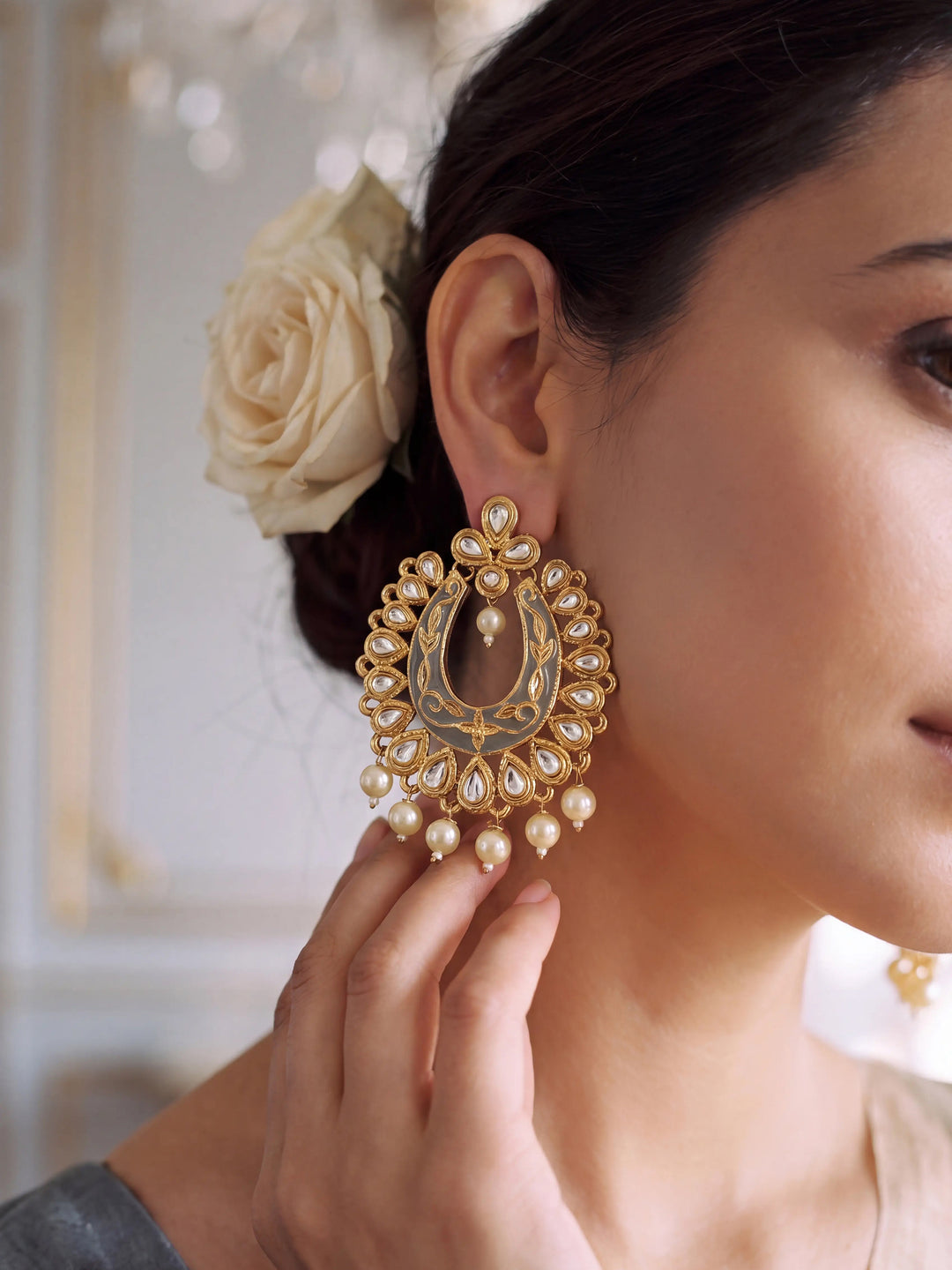  Libas Green Tone Earrings with Pearl Drop 