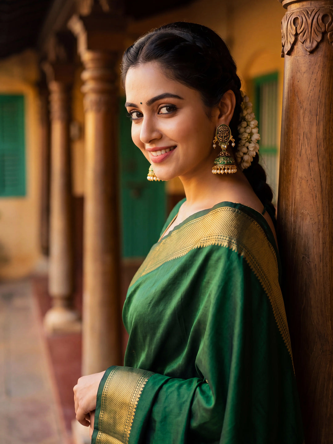  Libas Green Tone Earrings with Pearl Drop 