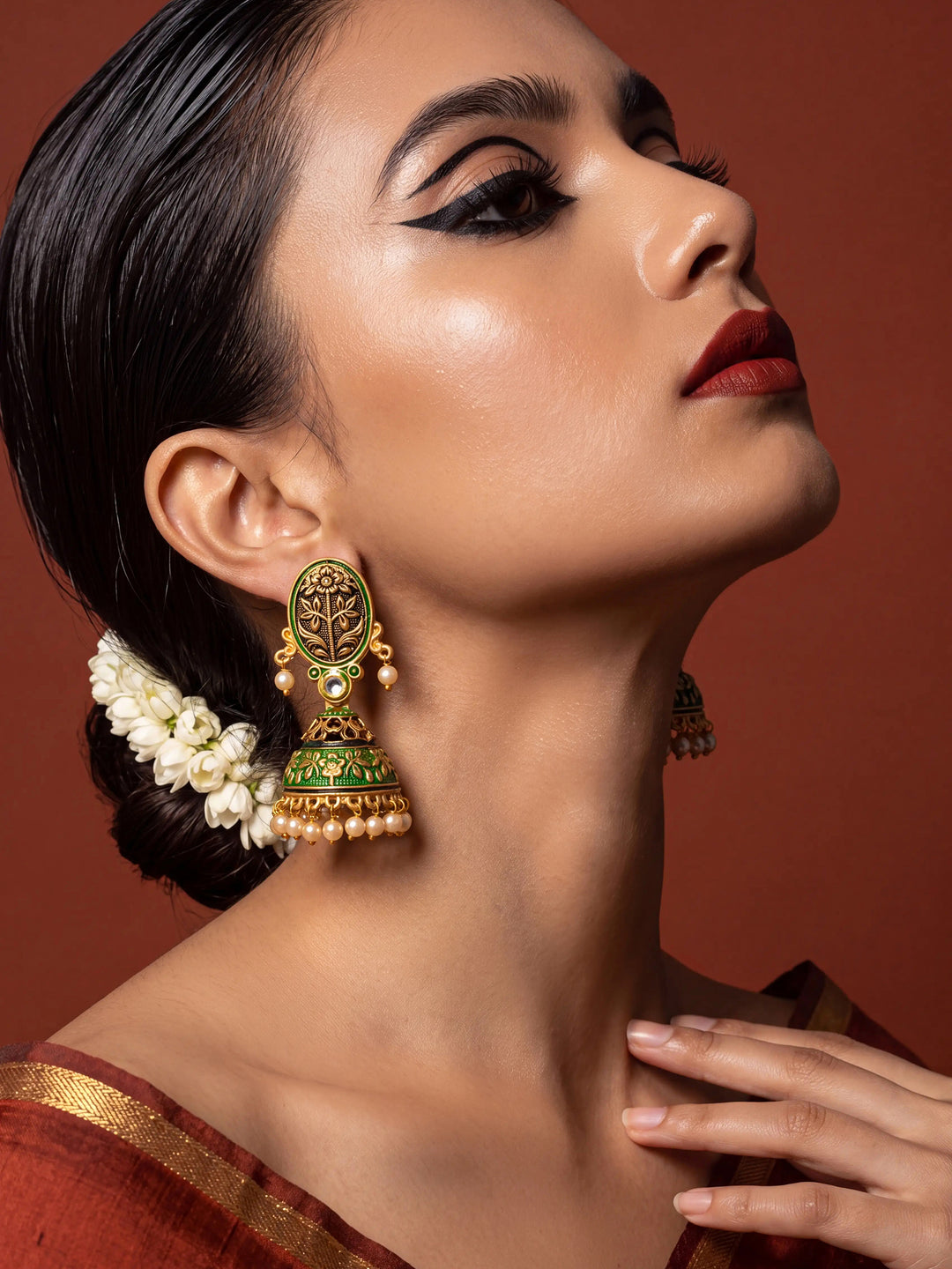  Libas Green Tone Earrings with Pearl Drop 