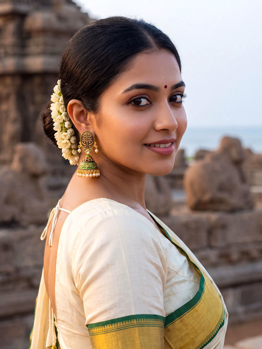  Libas Green Tone Earrings with Pearl Drop 