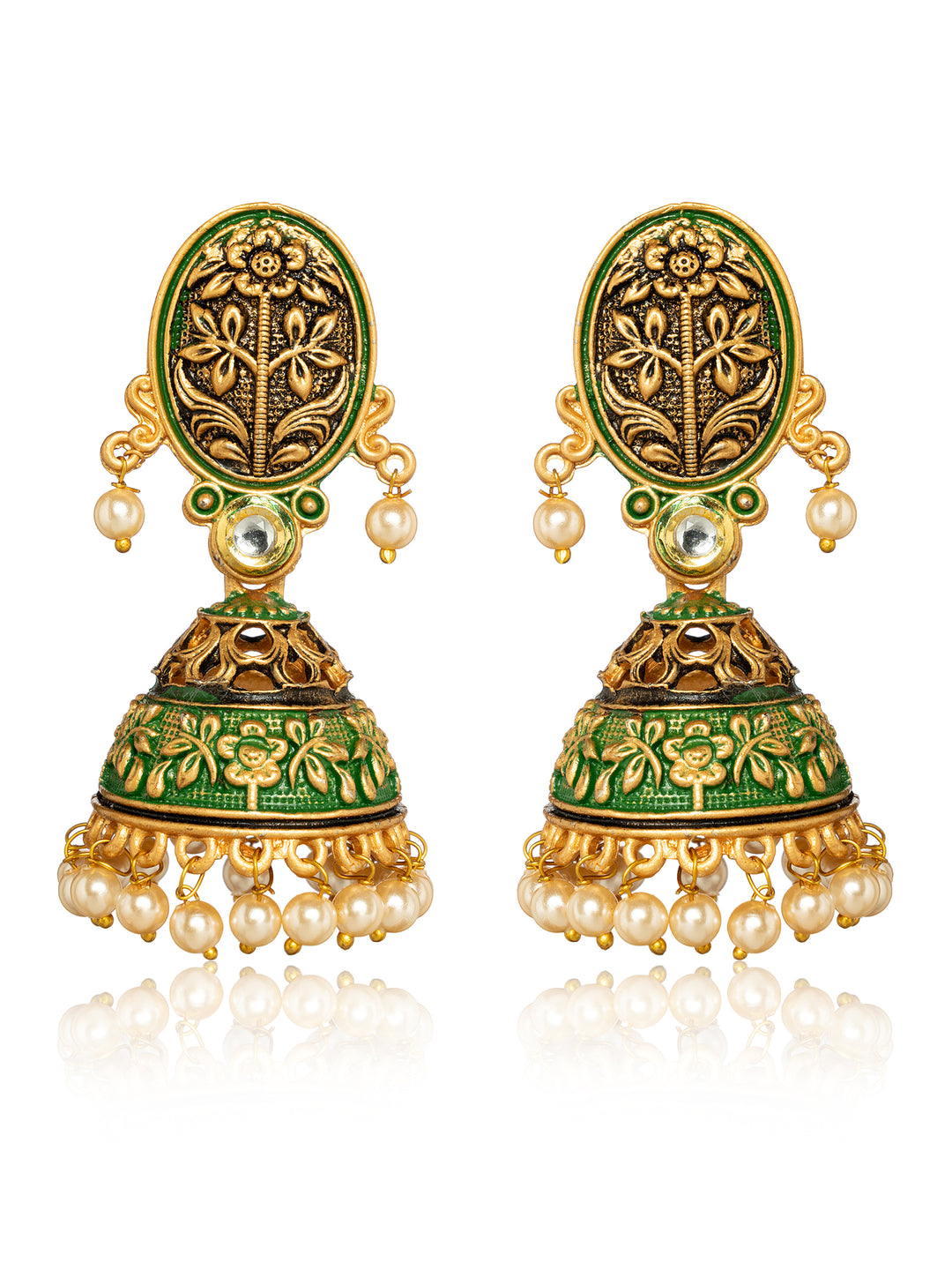  Libas Green Tone Earrings with Pearl Drop 