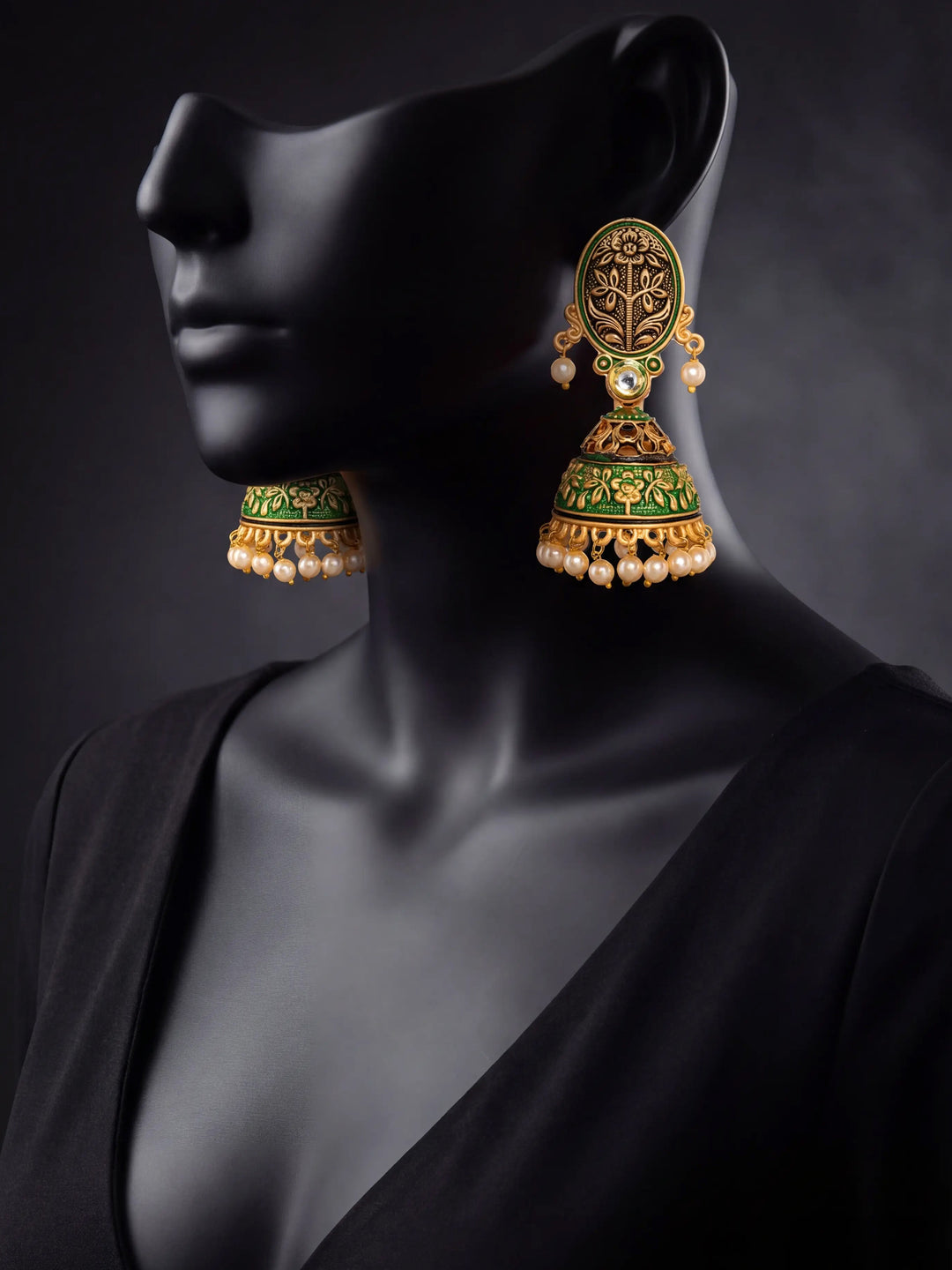  Libas Green Tone Earrings with Pearl Drop 