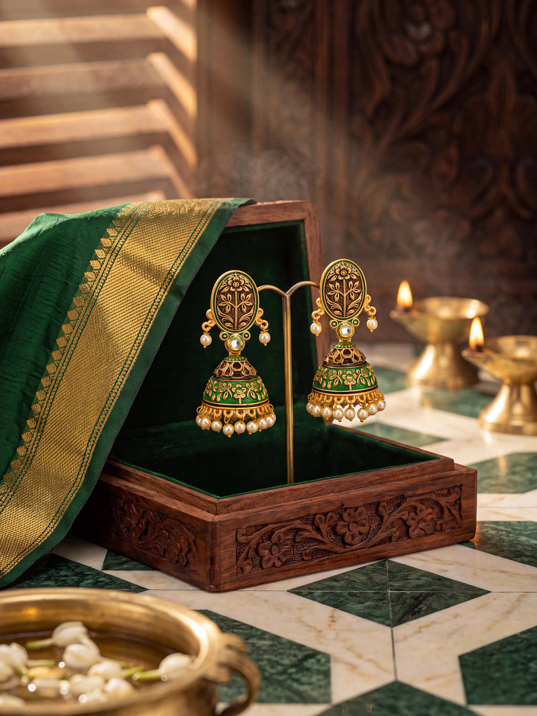  Libas Green Tone Earrings with Pearl Drop 
