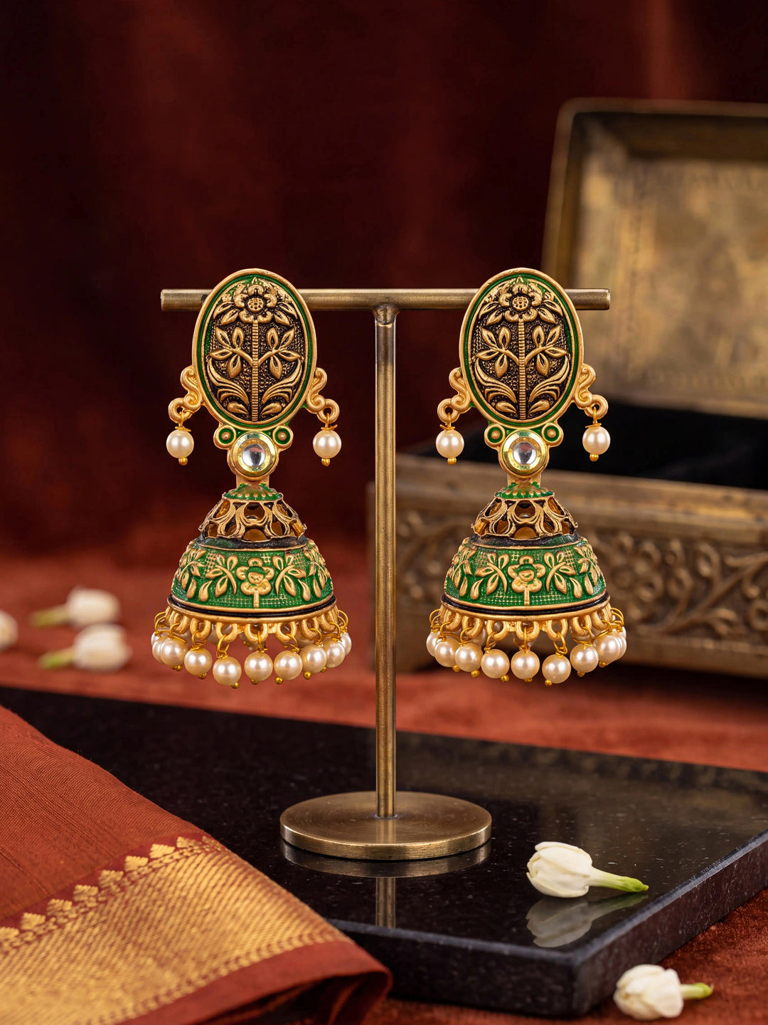  Libas Green Tone Earrings with Pearl Drop 