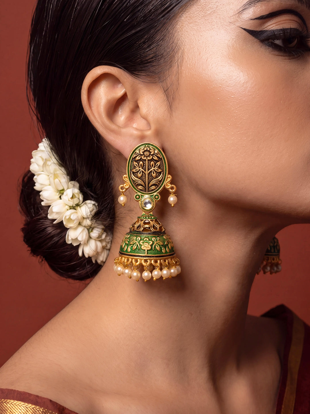  Libas Green Tone Earrings with Pearl Drop 