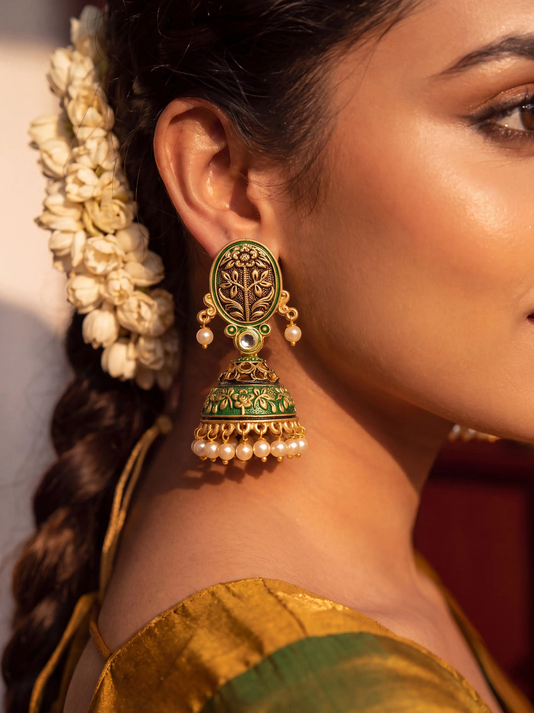  Libas Green Tone Earrings with Pearl Drop 