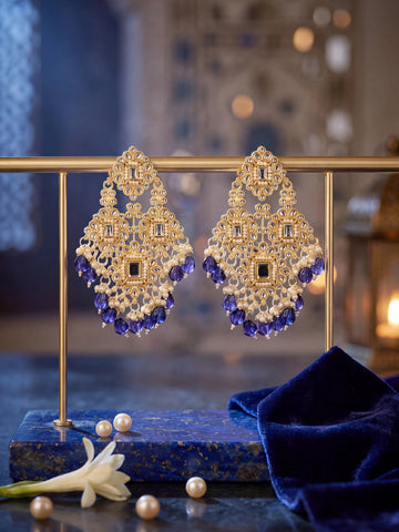 Libas Sapphire Blue and Gold Kundan Chandelier Earrings