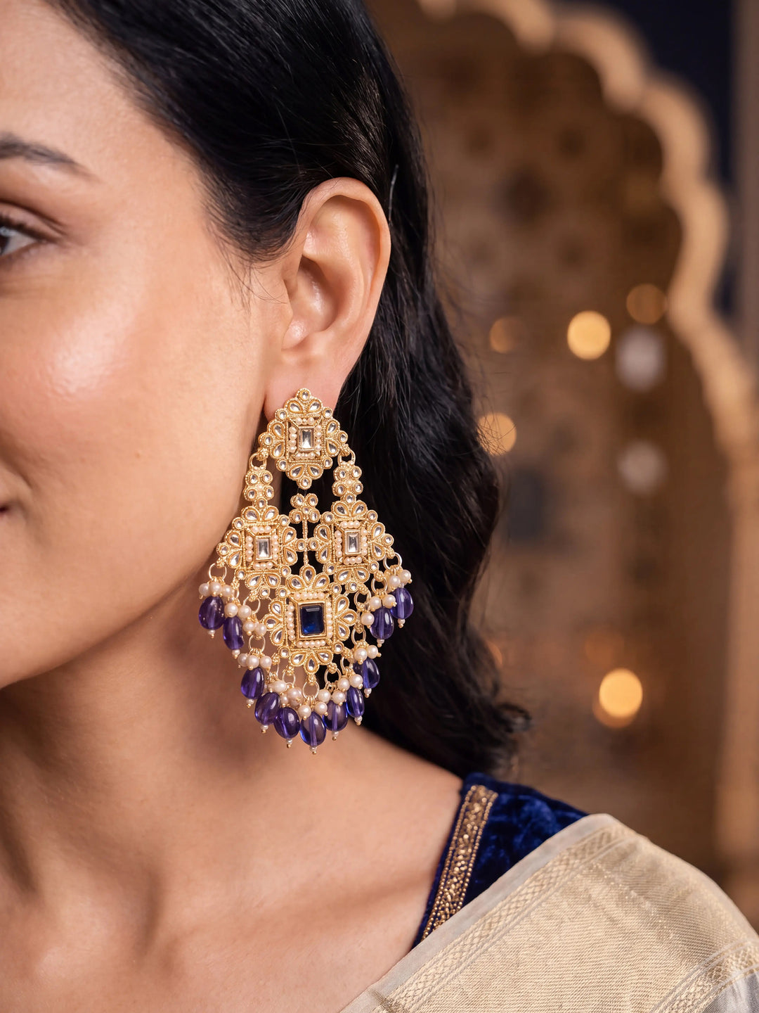  Libas Silver Tone Earrings with Blue Pearl Drop 