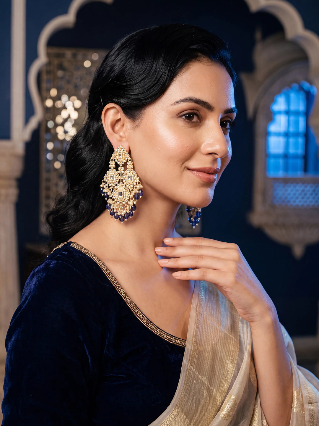  Libas Silver Tone Earrings with Blue Pearl Drop 