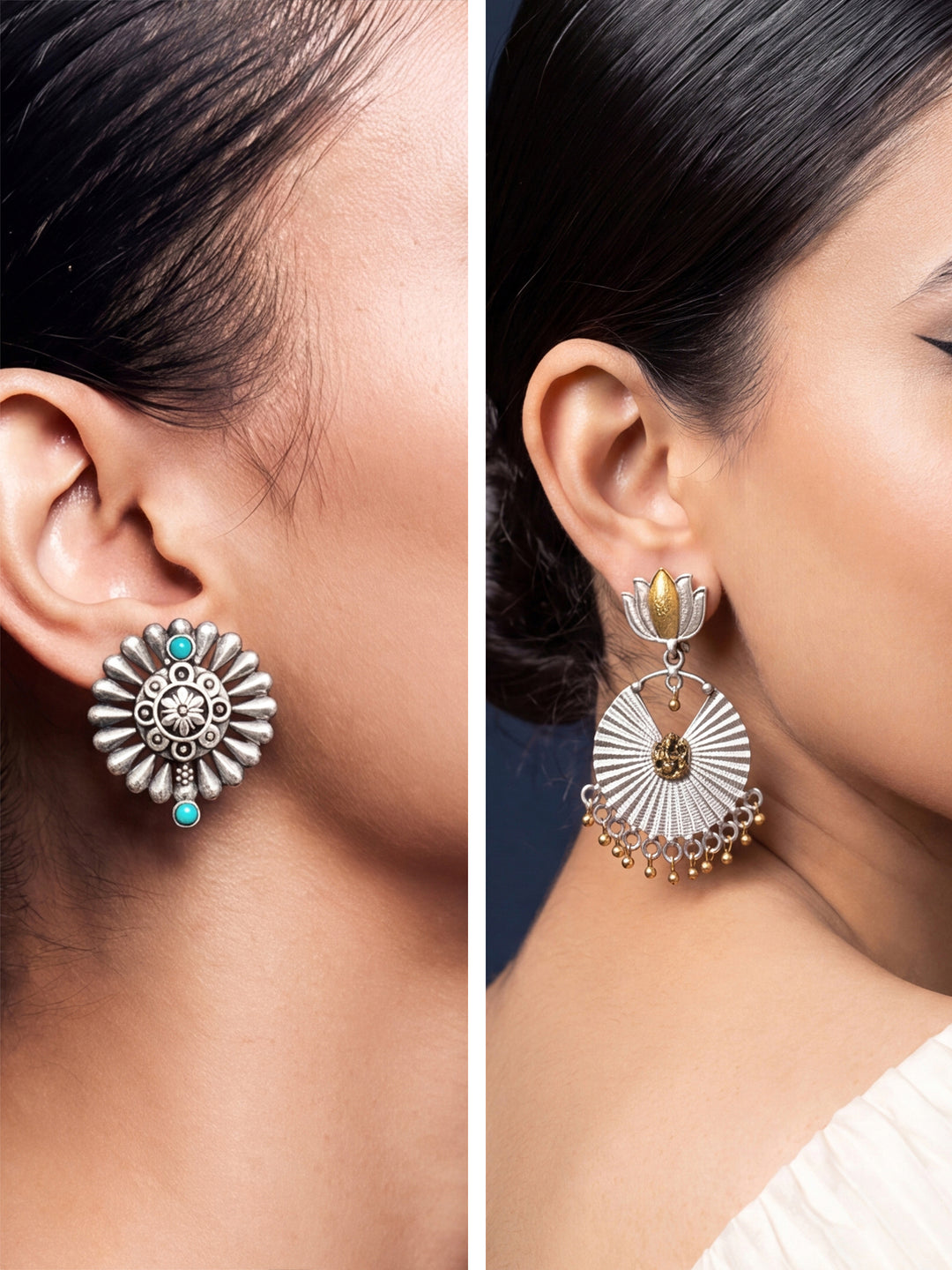  Libas Set of 2: Silver Tone Floral Stud and Lotus Drop Earrings 