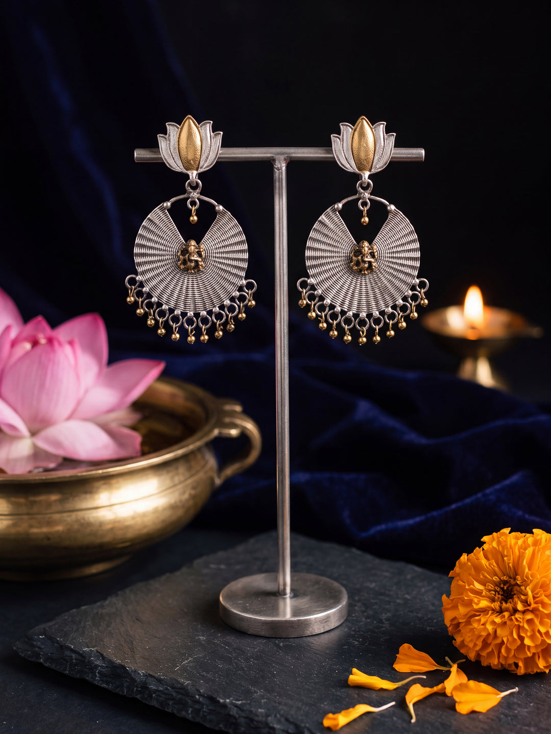  Libas Set of 2: Silver Tone Floral Stud and Lotus Drop Earrings 