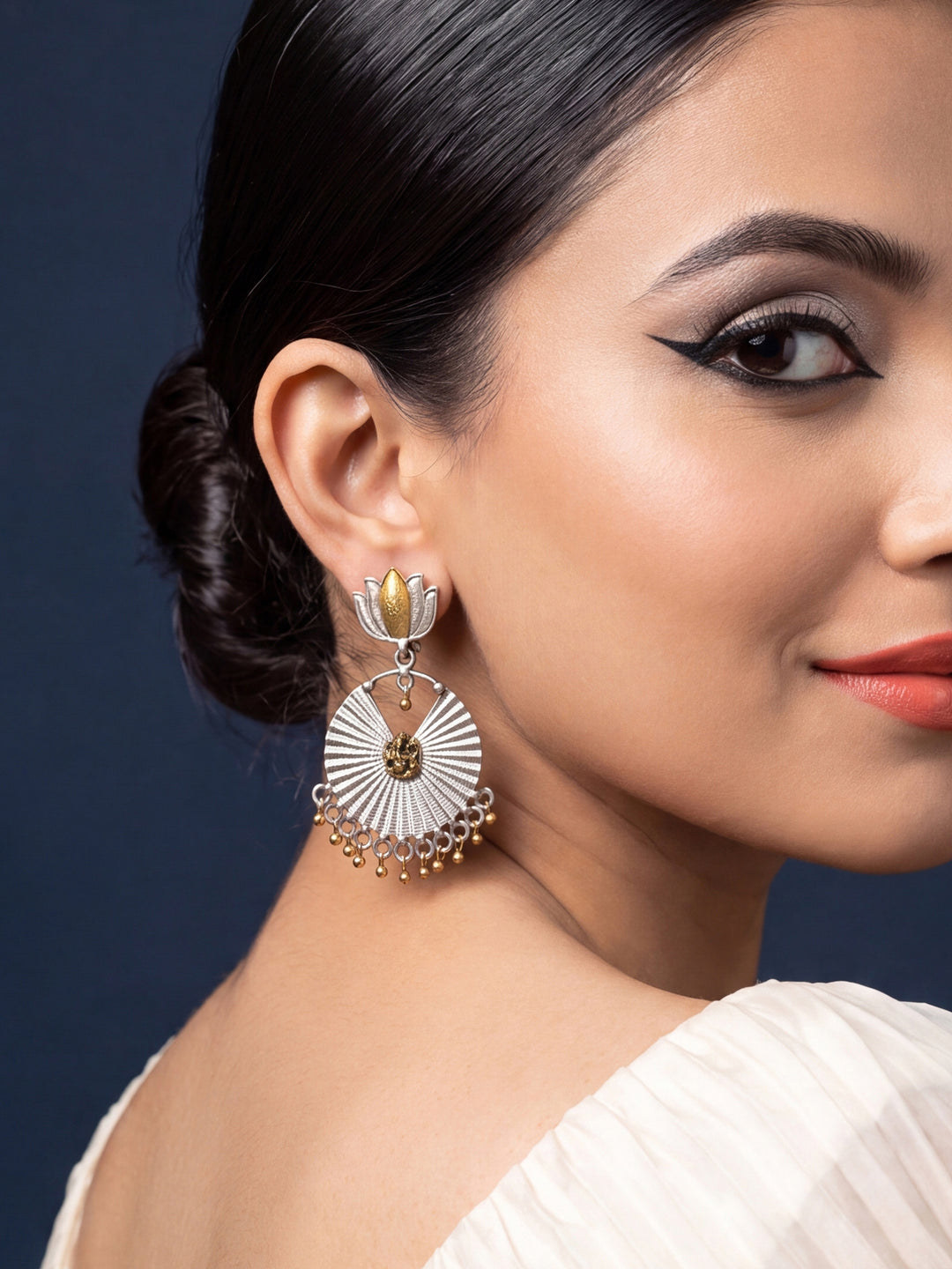  Libas Set of 2: Silver Tone Floral Stud and Lotus Drop Earrings 